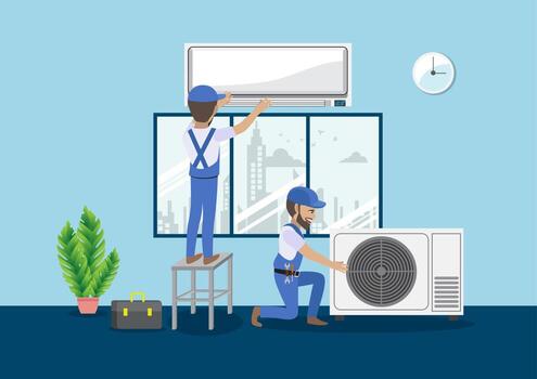 Technician Repairing Split Air Conditioner On A Blue Wall Construction Building Industry New Home Construction Interior Cartoon Character Illustration Vector